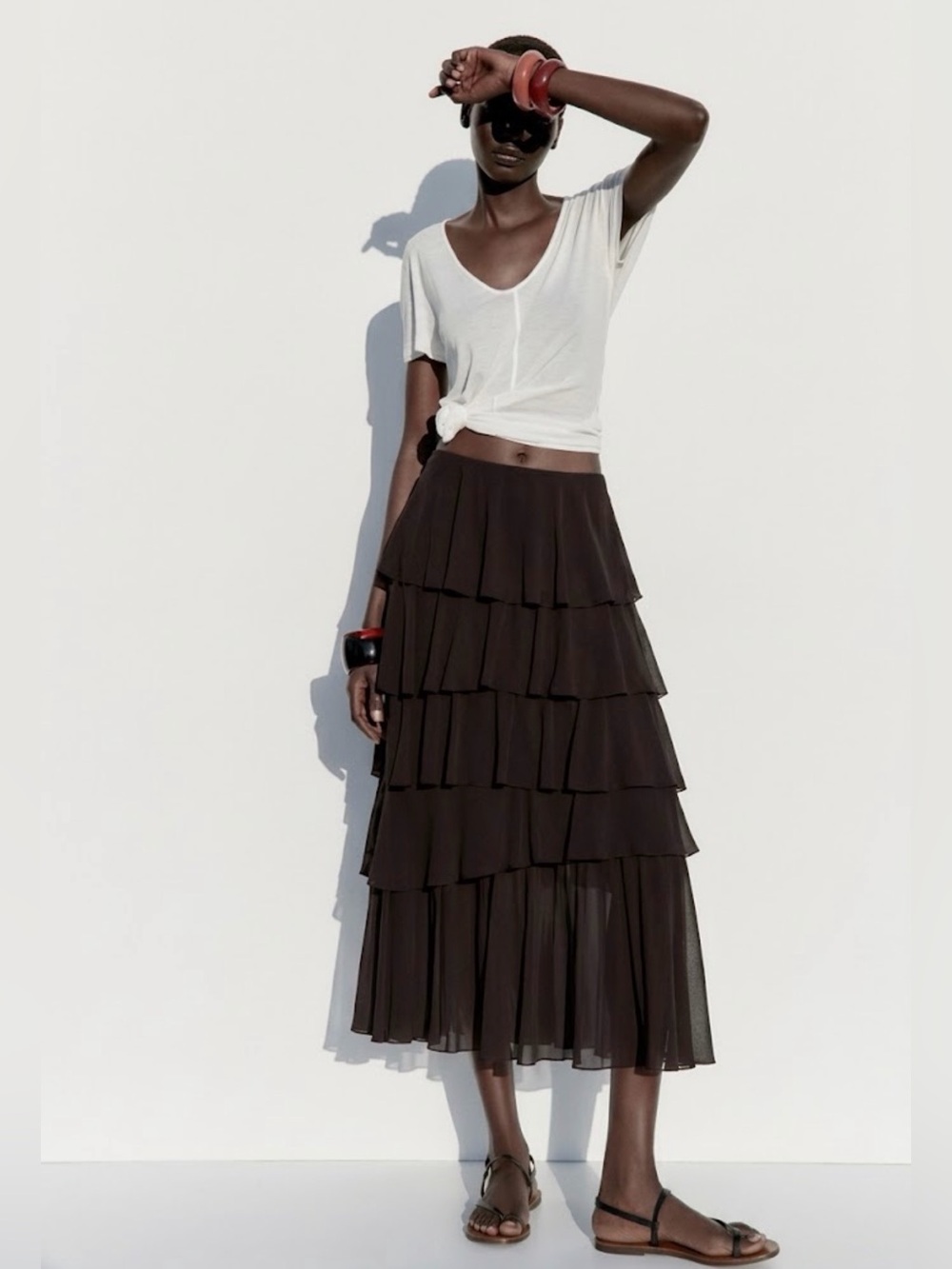 NWT Zara Woman Bloggers Fav RUFFLED MIDI SKIRT Brown Size L Large